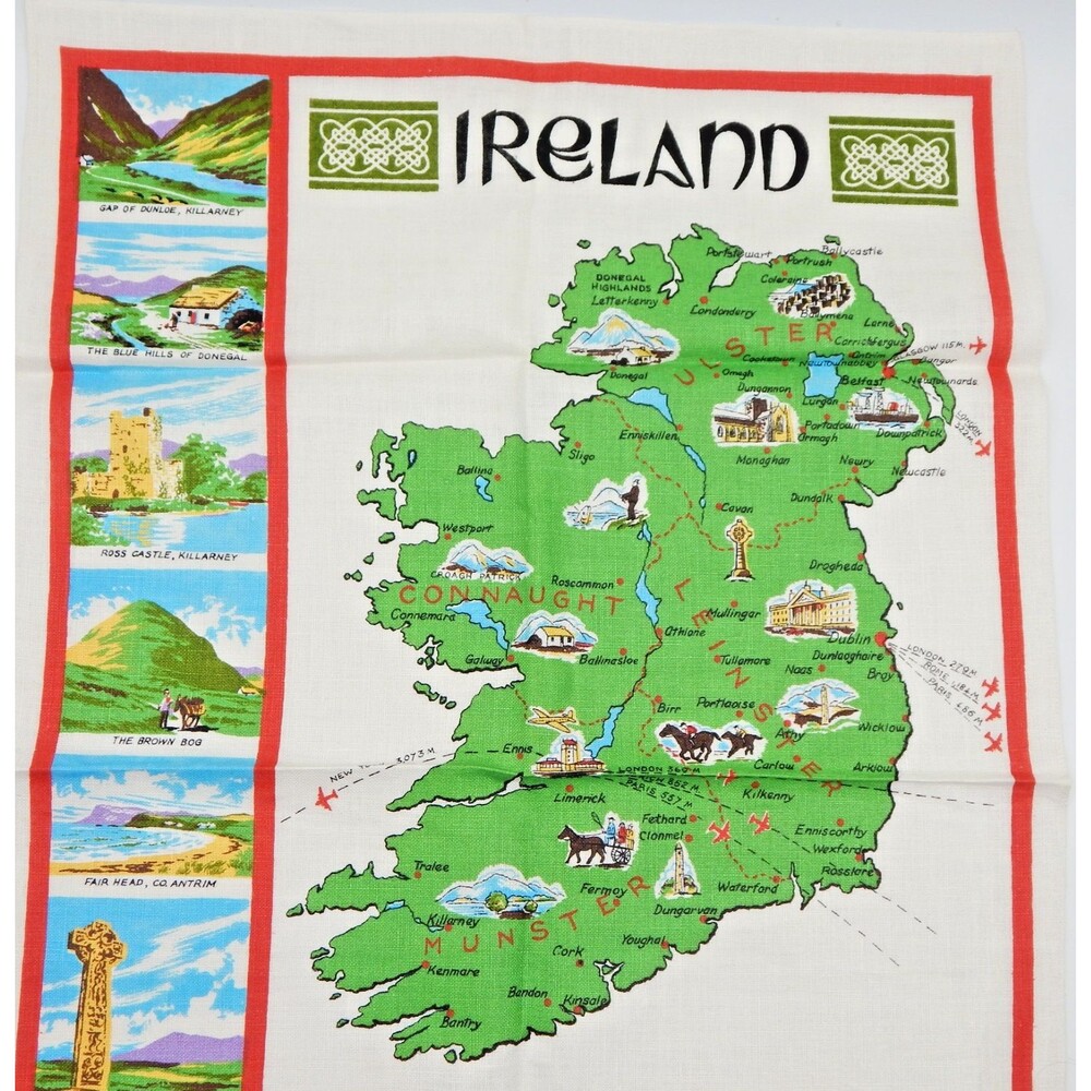 Irish Linen Tea Towel Ireland Map Souvenir Landmarks Provinces 19x30 Inches